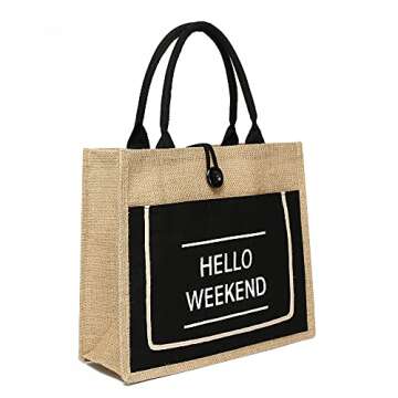JOLLQUE Hello Weekend Beach Tote Bag for Women,Jute Shoulder Handbag Canvas Pocket,Road Trip Bags (Large, Black)