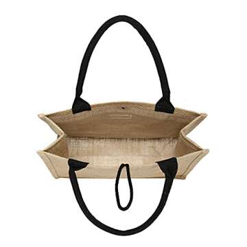 JOLLQUE Hello Weekend Beach Tote Bag for Women,Jute Shoulder Handbag Canvas Pocket,Road Trip Bags (Large, Black)