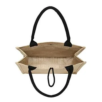 JOLLQUE Hello Weekend Beach Tote Bag for Women,Jute Shoulder Handbag Canvas Pocket,Road Trip Bags (Large, Black)