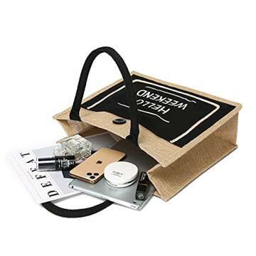 JOLLQUE Hello Weekend Beach Tote Bag for Women,Jute Shoulder Handbag Canvas Pocket,Road Trip Bags (Large, Black)