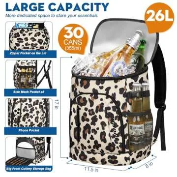 Capolo Cooler Backpack 30 Cans, Insulated Backpack Cooler Leak Proof Large Capacity Thermal Bag Beverage Beer Soft Cooler Bag Lunch Camping Travel Picnic Hiking for Men Women Leopardprint