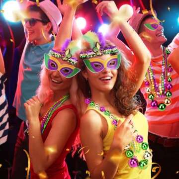 SelfTek Mardi Gras Jumbo Ball Beads Necklaces Set, with Mardi Gras Headband and Mask, Mardi Gras Bea...