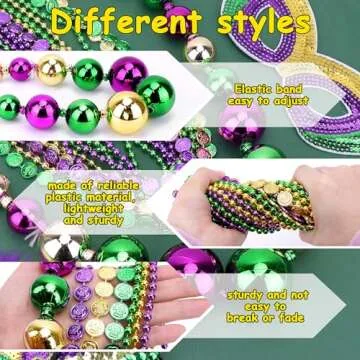 SelfTek Mardi Gras Jumbo Ball Beads Necklaces Set, with Mardi Gras Headband and Mask, Mardi Gras Beads Bulk,Carnivals Masquerade Costume Party Accessories for Women(15Pcs)