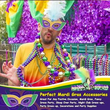 SelfTek Mardi Gras Jumbo Ball Beads Necklaces Set, with Mardi Gras Headband and Mask, Mardi Gras Beads Bulk,Carnivals Masquerade Costume Party Accessories for Women(15Pcs)