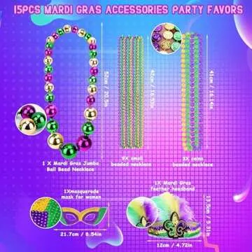 SelfTek Mardi Gras Jumbo Ball Beads Necklaces Set, with Mardi Gras Headband and Mask, Mardi Gras Beads Bulk,Carnivals Masquerade Costume Party Accessories for Women(15Pcs)