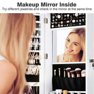 LANGRIA Jewelry Cabinet Organizer with Full Length Mirror, 10 LEDs Lockable Jewelry Armoire with Spacious Storage, Wall Mounted or Door Hanging, White