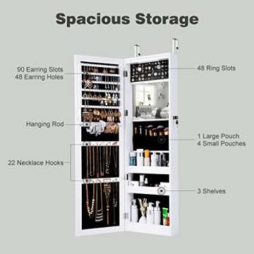 LANGRIA Jewelry Cabinet Organizer with Full Length Mirror, 10 LEDs Lockable Jewelry Armoire with Spacious Storage, Wall Mounted or Door Hanging, White