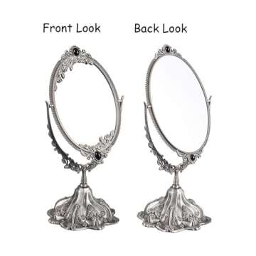 Feyarl Small Vintage Makeup Mirror Floral Tabletop Oval Vanity Mirror with Stand Dressing Room Swivel Double Sided Elegant Decorative Mirror Embossed Frame (Pewter)