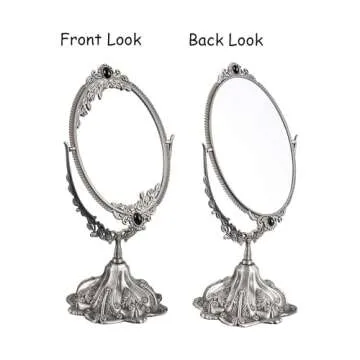 Feyarl Small Vintage Makeup Mirror Floral Tabletop Oval Vanity Mirror with Stand Dressing Room Swivel Double Sided Elegant Decorative Mirror Embossed Frame (Pewter)