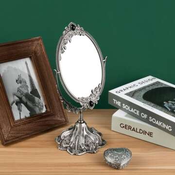 Feyarl Small Vintage Makeup Mirror Floral Tabletop Oval Vanity Mirror with Stand Dressing Room Swivel Double Sided Elegant Decorative Mirror Embossed Frame (Pewter)