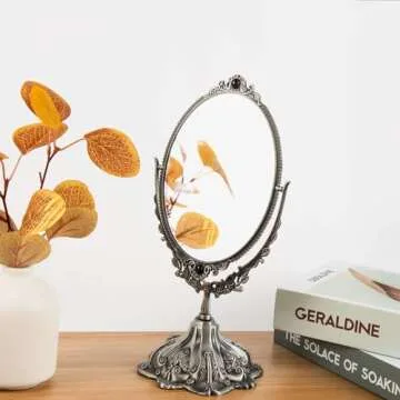 Feyarl Small Vintage Makeup Mirror Floral Tabletop Oval Vanity Mirror with Stand Dressing Room Swivel Double Sided Elegant Decorative Mirror Embossed Frame (Pewter)
