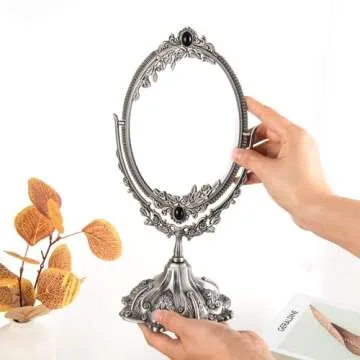 Feyarl Small Vintage Makeup Mirror Floral Tabletop Oval Vanity Mirror with Stand Dressing Room Swivel Double Sided Elegant Decorative Mirror Embossed Frame (Pewter)