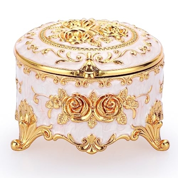 Hipiwe Vintage Round Jewelry Box Small Trinket Storage Organizer Box Gold Metal Chest Ring Case Trea...