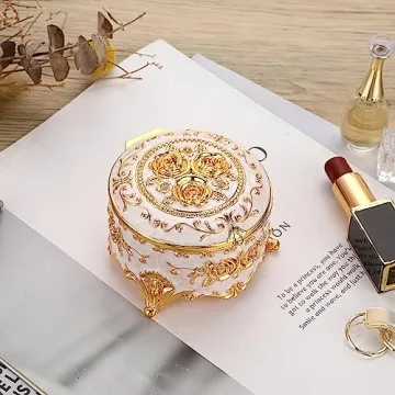 Hipiwe Vintage Round Jewelry Box Gold Metal Storage Gift for Women