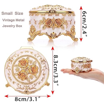 Hipiwe Vintage Round Jewelry Box Gold Metal Storage Gift for Women