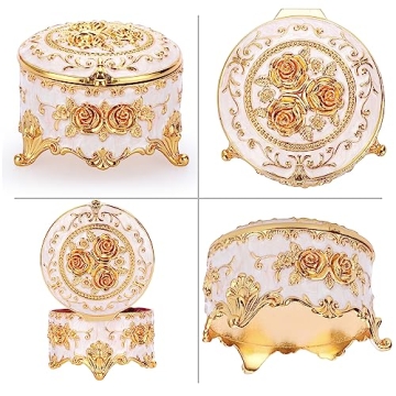 Hipiwe Vintage Round Jewelry Box Gold Metal Storage Gift for Women