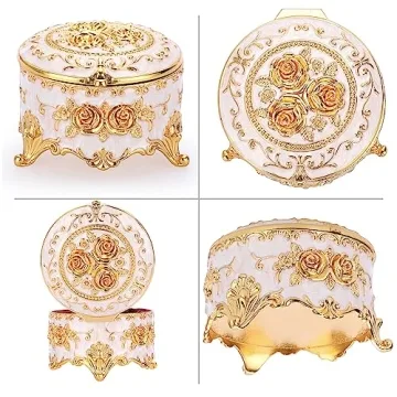 Hipiwe Vintage Round Jewelry Box Gold Metal Storage Gift for Women