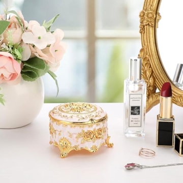 Hipiwe Vintage Round Jewelry Box Gold Metal Storage Gift for Women