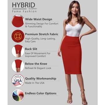 Hybrid & Company Women's Premium Nylon Ponte Stretch High Waist Pencil Suit Skirt Below Knee KSK4500...