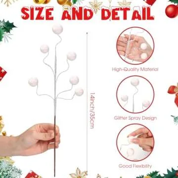 Hiboom 30 Pcs Glitter Ball Picks 14 Inch Artificial Flowers for Centerpieces Curly Spray Ball Sticks Floral Picks for Holiday Wedding Vase Fillers Xmas Tree Topper DIY Wreath Crafts Decor(White)