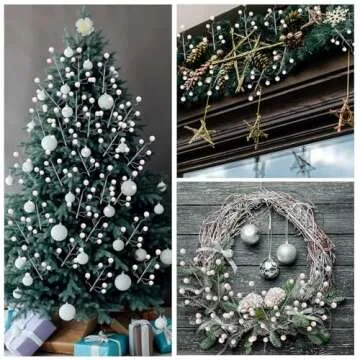 Hiboom 30 Pcs Glitter Ball Picks 14 Inch Artificial Flowers for Centerpieces Curly Spray Ball Sticks Floral Picks for Holiday Wedding Vase Fillers Xmas Tree Topper DIY Wreath Crafts Decor(White)