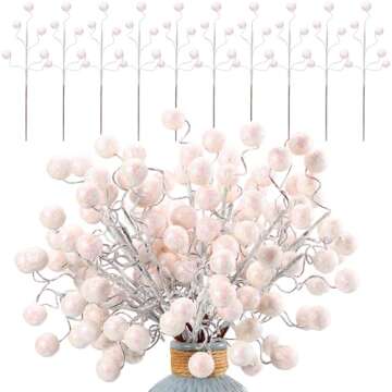 Hiboom 30 Pcs Glitter Ball Picks 14 Inch Artificial Flowers for Centerpieces Curly Spray Ball Sticks Floral Picks for Holiday Wedding Vase Fillers Xmas Tree Topper DIY Wreath Crafts Decor(White)