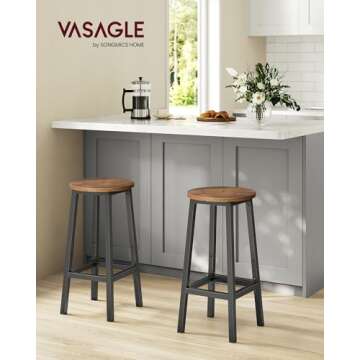VASAGLE Bar Stools, Set of 2 Bar Chairs, Steel Frame, 25.2 Inch Tall, for Kitchen Dining, Easy Assem...