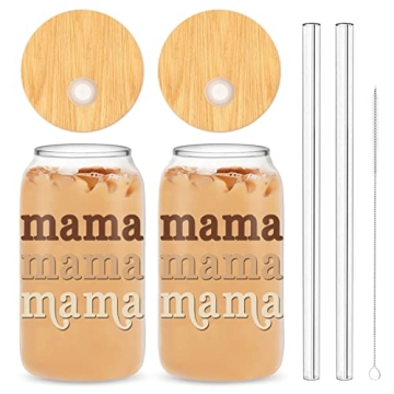 Whaline Gifts for Mother from Daughter Boho Mama Drinking Glasses with Bamboo Lids and Straw 2Pcs Mo...