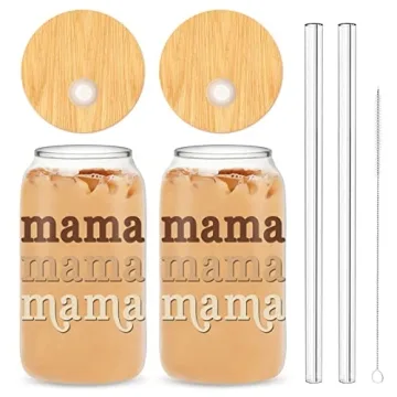 Whaline Gifts for Mother from Daughter Boho Mama Drinking Glasses with Bamboo Lids and Straw 2Pcs Mo...