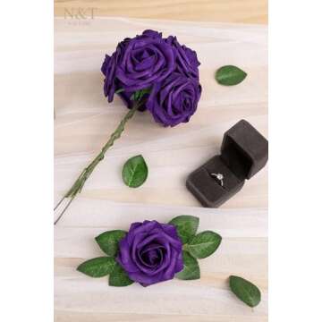 N&T NIETING Artificial Flowers 50pcs Real Looking Dusty Purple Foam Fake Roses with Stems for DIY We...