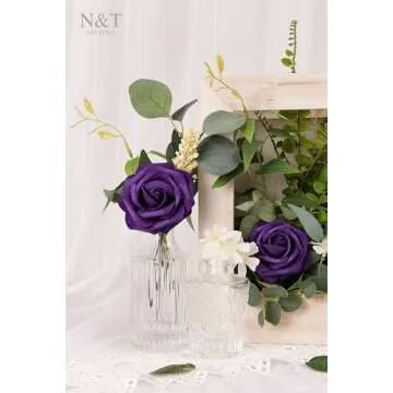 N&T NIETING Artificial Flowers 50pcs Real Looking Dusty Purple Foam Fake Roses with Stems for DIY Wedding Bouquets Bridal Shower Centerpieces Arrangements Party Tables Decorations