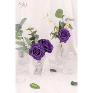 N&T NIETING Artificial Flowers 50pcs Real Looking Dusty Purple Foam Fake Roses with Stems for DIY Wedding Bouquets Bridal Shower Centerpieces Arrangements Party Tables Decorations