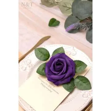 N&T NIETING Artificial Flowers 50pcs Real Looking Dusty Purple Foam Fake Roses with Stems for DIY Wedding Bouquets Bridal Shower Centerpieces Arrangements Party Tables Decorations