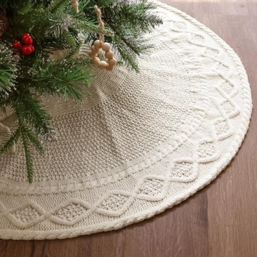 LimBridge Knitted Christmas Tree Skirt: 36 Inches Cream White Tree Skirt, Diamond Edge Cable Knit Th...