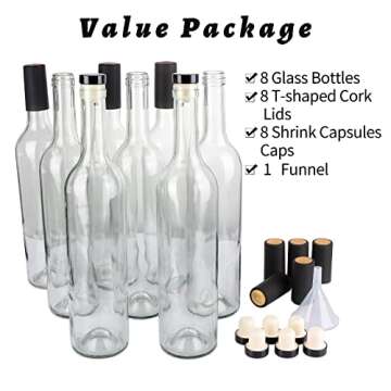 GUANENA 8 Pack 750ml Clear Glass Bottles with Cork Lids and PVC Shrink Capsules, Empty Home Brewing Wine Bottles with Funnel for Sparkling Wine, Juice, Kombucha, Beverages