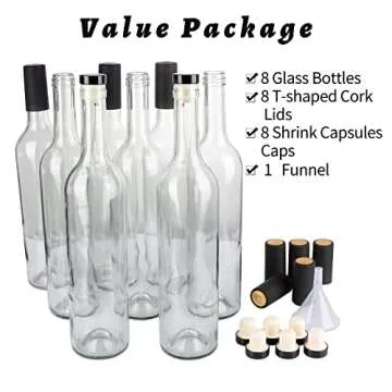 GUANENA 8 Pack 750ml Clear Glass Bottles with Cork Lids and PVC Shrink Capsules, Empty Home Brewing Wine Bottles with Funnel for Sparkling Wine, Juice, Kombucha, Beverages