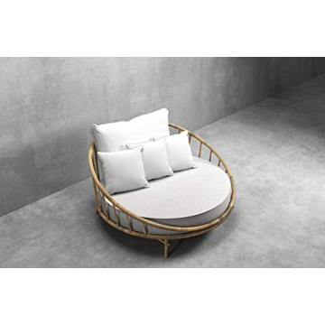 ZEW Bamboo Round Daybed Outdoor Indoor Large Accent Sofa Chair Lawn Pool Garden Seating with Cushion and Pillows Sofabed, Natural