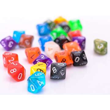 25 Count Assorted Pack of 10 Sided Dice - Multi Colored Assortment of D10 Polyhedral Dice