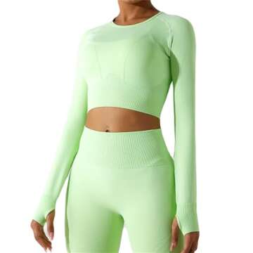 Flowersea Fashion 3 Piece Women Long Sleeve Crop Top High Waist Gym Legging Workout Set Sport Bra Se...