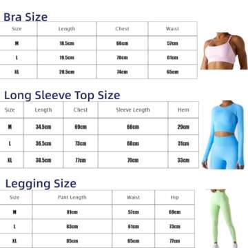 Flowersea Fashion 3 Piece Women Long Sleeve Crop Top High Waist Gym Legging Workout Set Sport Bra Seamless Ribbed Yoga Outfit