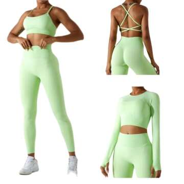 Flowersea Fashion 3 Piece Women Long Sleeve Crop Top High Waist Gym Legging Workout Set Sport Bra Seamless Ribbed Yoga Outfit