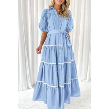 PRETTYGARDEN Women's Summer Button Down Shirt Dress Short Puffy Sleeve Tiered Ruffle Flowy Long Maxi Dresses (Light Blue,Small)