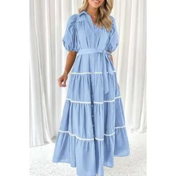 PRETTYGARDEN Women's Summer Button Down Shirt Dress Short Puffy Sleeve Tiered Ruffle Flowy Long Maxi Dresses (Light Blue,Small)