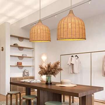 Arturesthome 1 Light Rattan Woven Pendant Light Kitchen, Handmade Ceiling Lighting Chandelier, Large...