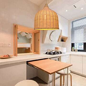 Arturesthome 1 Light Rattan Woven Pendant Light Kitchen, Handmade Ceiling Lighting Chandelier, Large Hanging Lampshade Fixture Home Decor