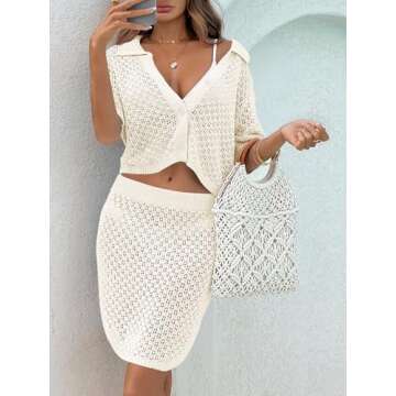 Saodimallsu Women 2 Piece Cover Up Set Crochet Beach Summer Knit Button Short Sleeve Crop Top Mini Skirt Sets White