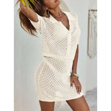Saodimallsu Women 2 Piece Cover Up Set Crochet Beach Summer Knit Button Short Sleeve Crop Top Mini Skirt Sets White
