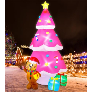 Meland Christmas Inflatable Outdoor Decoration - 8Ft Pink Christmas Tree Inflatable Christmas Blow Up Yard Decorations with Gingerbread Inflatables Christmas Decorations for Outdoor Outside Garden