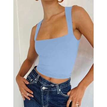 REORIA Women's Sexy Going Out Crop Tops Square Neck Double Lined 2025 Fashion Cute Basic Trendy Tank Tops Summer Y2k Teen Girls Clothing Sky Blue Medium