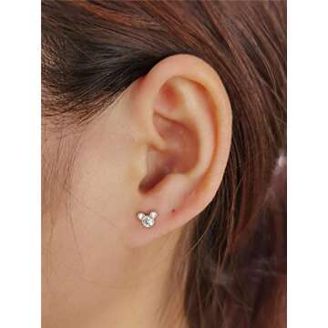 Tiny Cute Mouse Stud Sterling Silver Earrings for Women Girls Cubic Zirconia Mini Small 20g Barbell Ball Studs Cartilage Tragus 4 mm Bead Screw Back Piercing Body Jewelry (Silver)